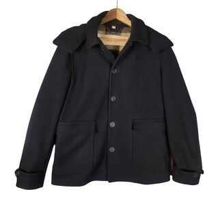Burberry Brit Pea Coat Men's‎ M Black Wool Detachable Hood Pockets Preppy